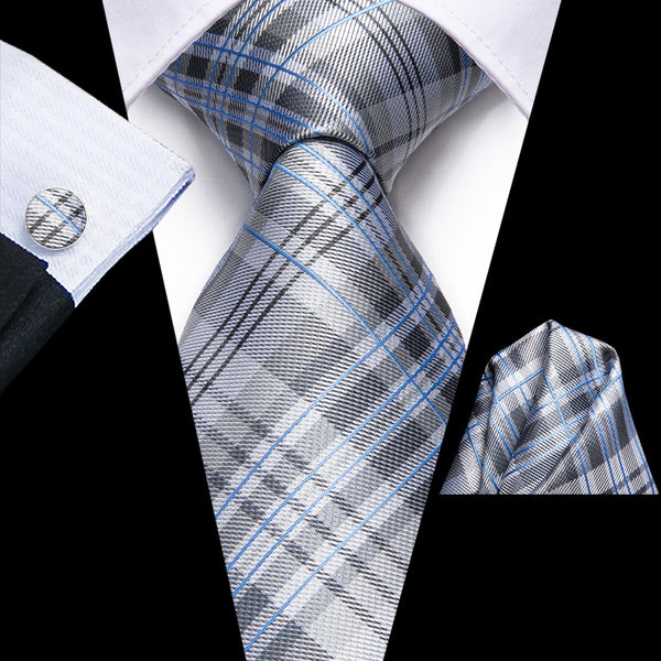 White Grey Plaid Silk Men's Tie Hanky Cufflinks Set