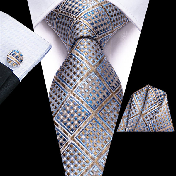 Grey Plaid Silk Men's Tie Hanky Cufflinks Set