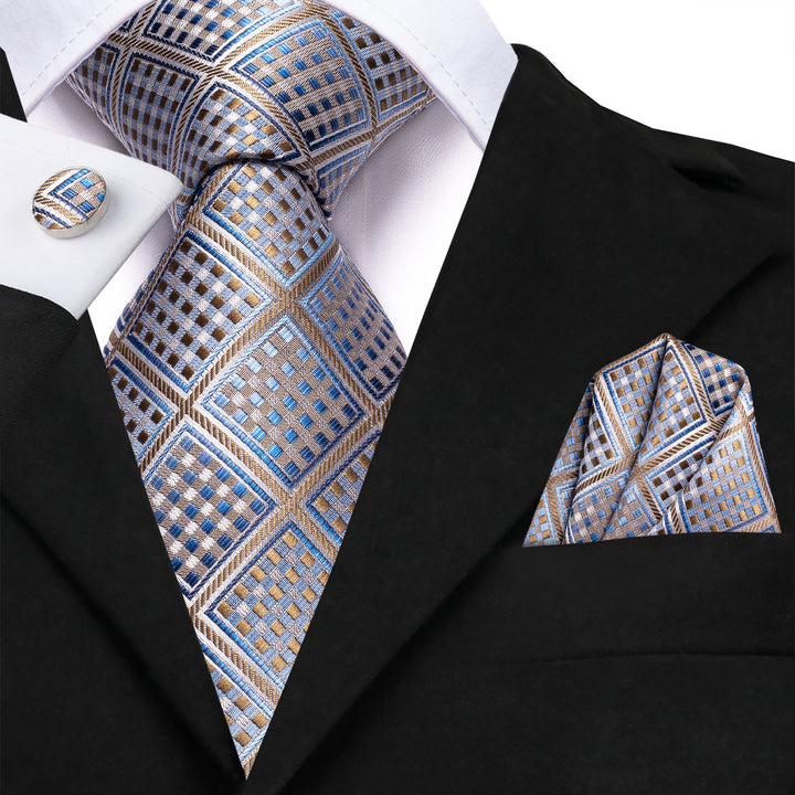 grey brown blue plaid mens silk tie pocket square cufflinks set