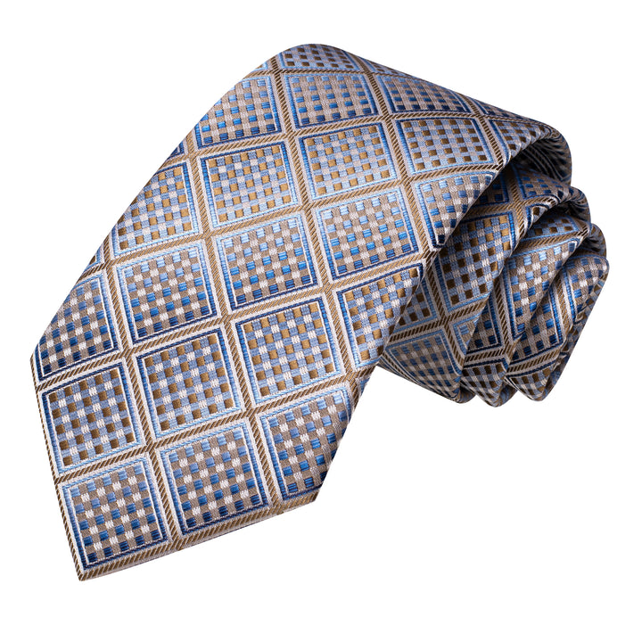 grey brown blue plaid mens silk tie pocket square cufflinks set