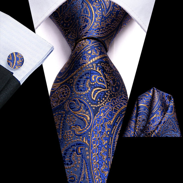 Blue Golden Paisley Silk Men's Tie Hanky Cufflinks Set