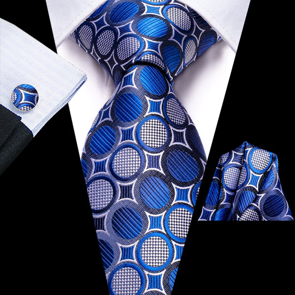 Blue Grey Polka Dot Silk Men's Tie Hanky Cufflinks Set