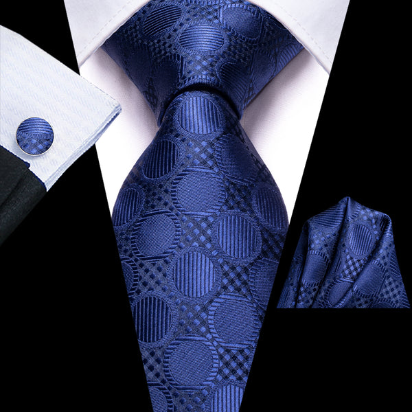 Dark Blue Polka Dot Silk Men's Tie Hanky Cufflinks Set
