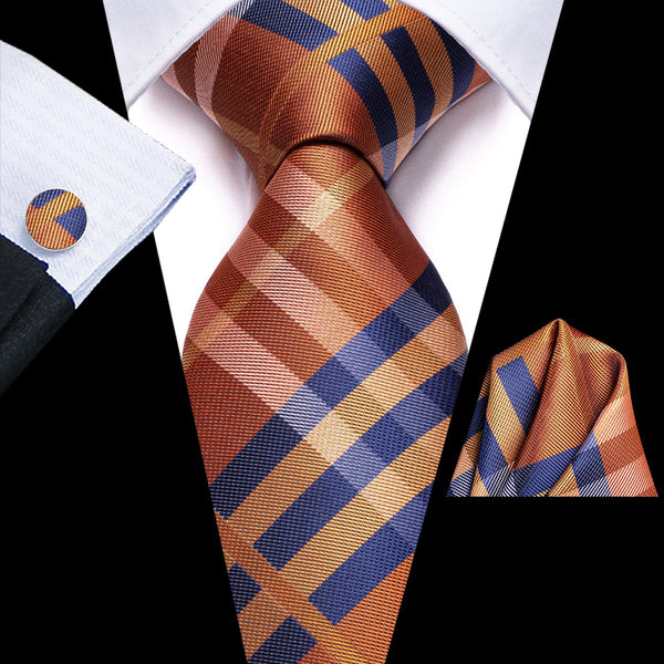 Orange Blue Plaid Silk 70 Inch Extra Long Men's Tie Hanky Cufflinks Set