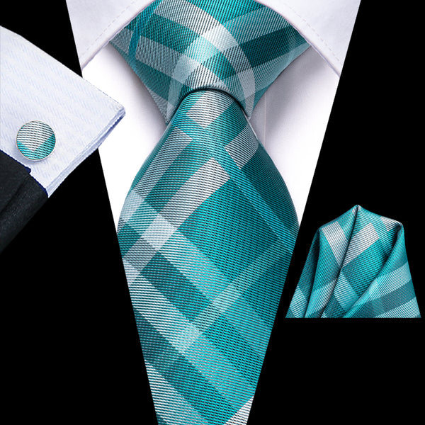 Lake Blue Plaid Silk Men's Tie Hanky Cufflinks Set