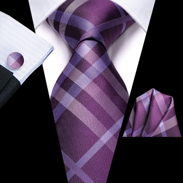 Purple Plaid Silk Men's Tie Hanky Cufflinks Set