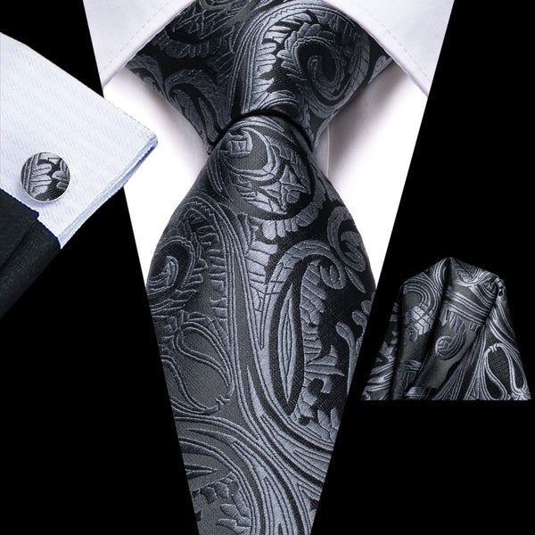 Dark Grey Paisley Silk Men's Tie Hanky Cufflinks Set