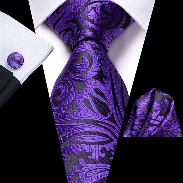 Dark Purple Paisley Silk Men's Tie Hanky Cufflinks Set