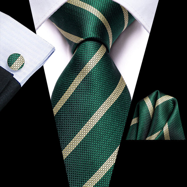 Green Beige Striped Silk Men's Tie Hanky Cufflinks Set