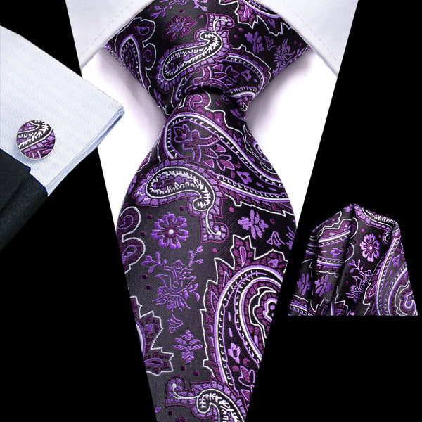 Grey Purple Paisley Silk Men's Tie Hanky Cufflinks Set