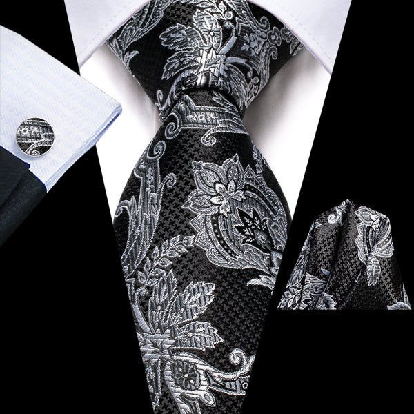 Black Grey Paisley Silk Men's Tie Hanky Cufflinks Set