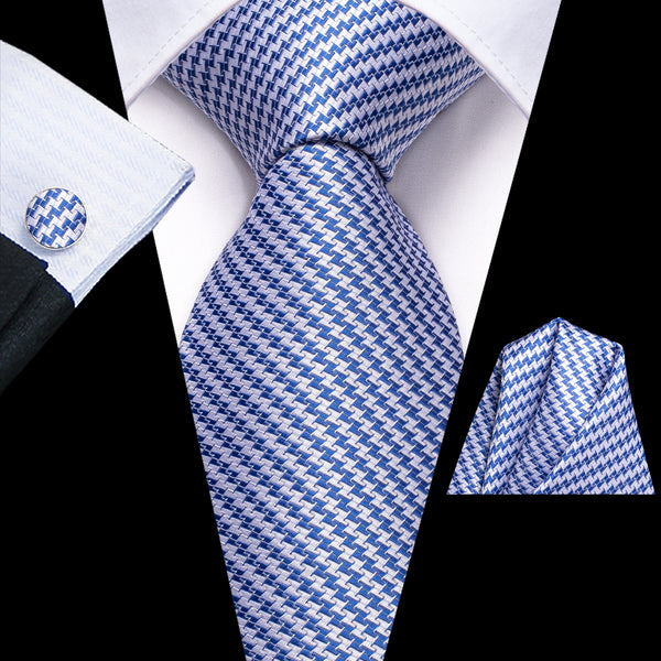 Blue Houndstooth Plaid Silk Men's Tie Hanky Cufflinks Set