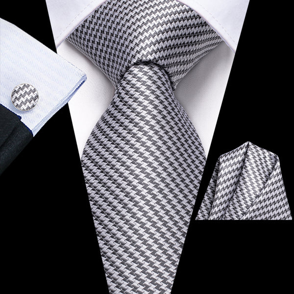 Grey Houndstooth Plaid Silk Men's Tie Hanky Cufflinks Set
