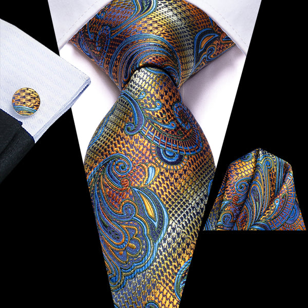 Orange Blue Gradient Paisley Silk Men's Tie Hanky Cufflinks Set