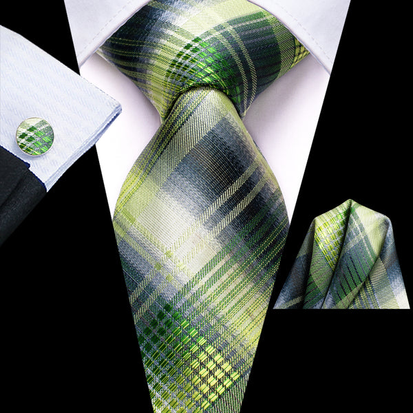 Green Grey Plaid Men's Tie Handkerchief Cufflinks Set
