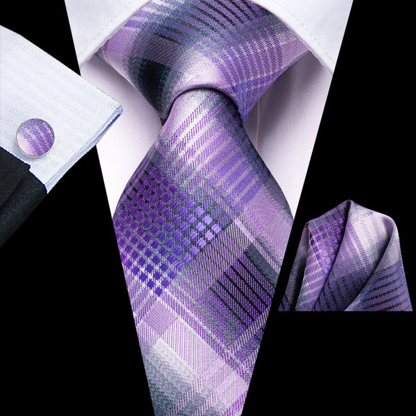 Purple Grey Plaid Men's Tie Handkerchief Cufflinks Set