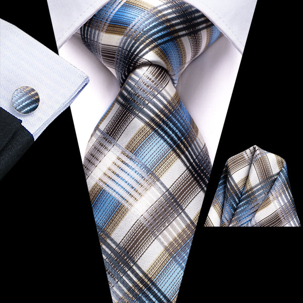 Blue Grey Plaid Men's Tie Handkerchief Cufflinks Set