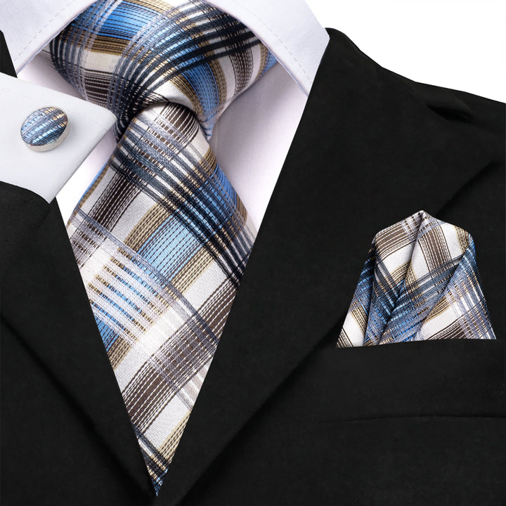 Blue Grey Plaid Men's Tie Handkerchief Cufflinks Set – ties2you