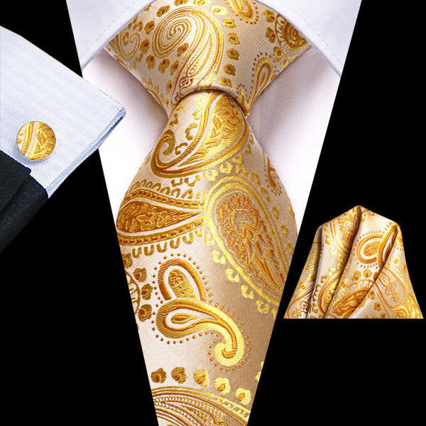 Golden Paisley Men's Tie Handkerchief Cufflinks Set