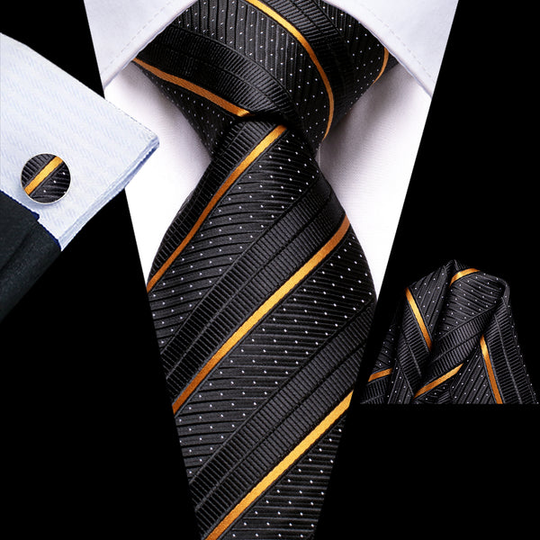 Black Golden Striped Men's Tie Handkerchief Cufflinks Set