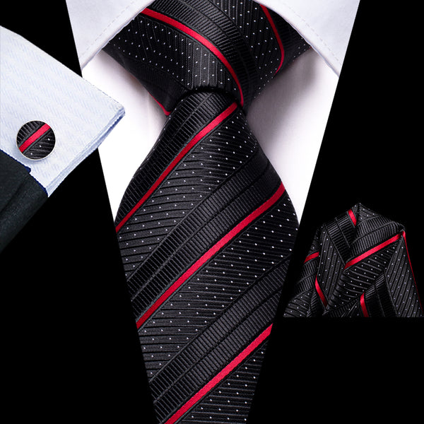 Black Red Striped Men's Tie Handkerchief Cufflinks Set