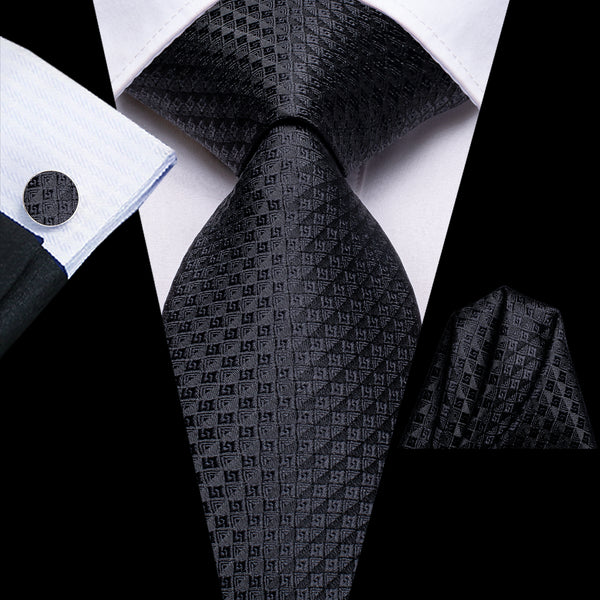 Pure Black Plaid Silk Men's Necktie