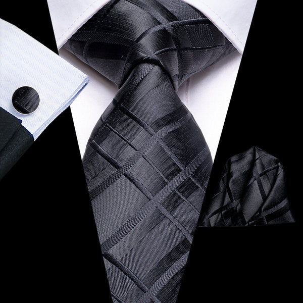 Black Plaid Silk Men's Necktie Pocket Square Cufflinks Set
