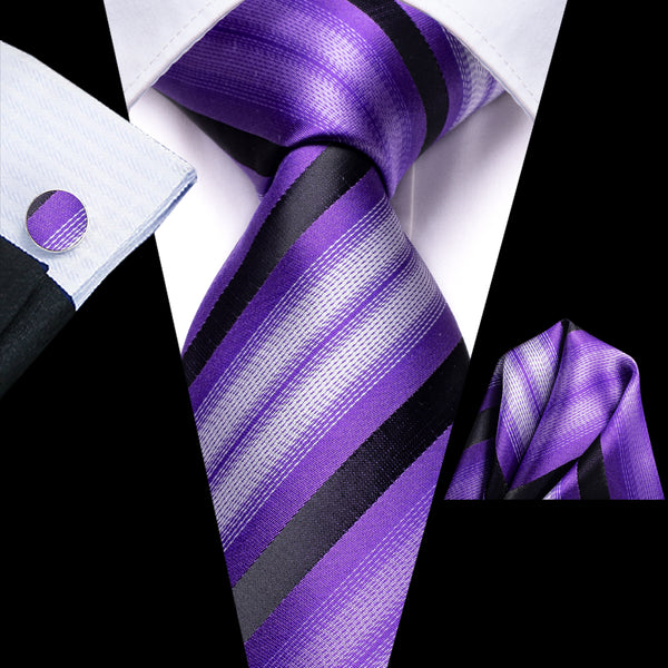 Purple Black Striped Men's Tie Handkerchief Cufflinks Set