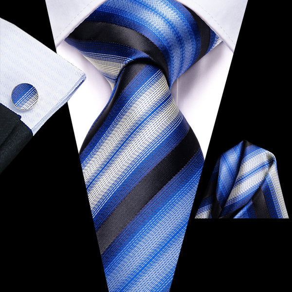 Blue Black Striped Men's Tie Handkerchief Cufflinks Set