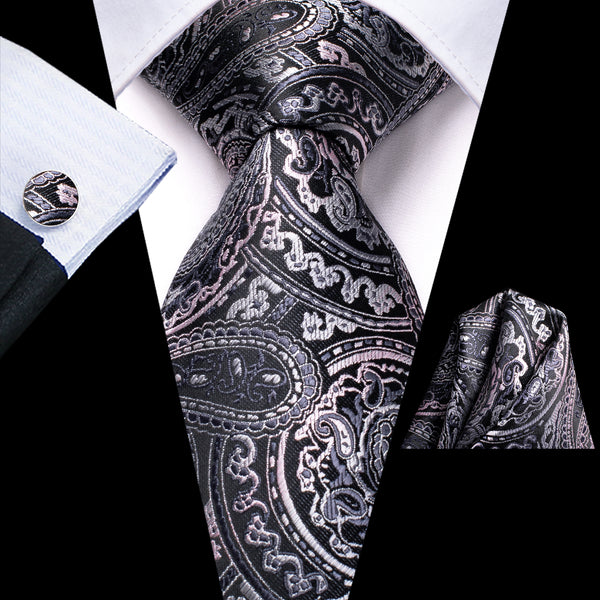 Grey Gradient Paisley Men's Tie Handkerchief Cufflinks Set