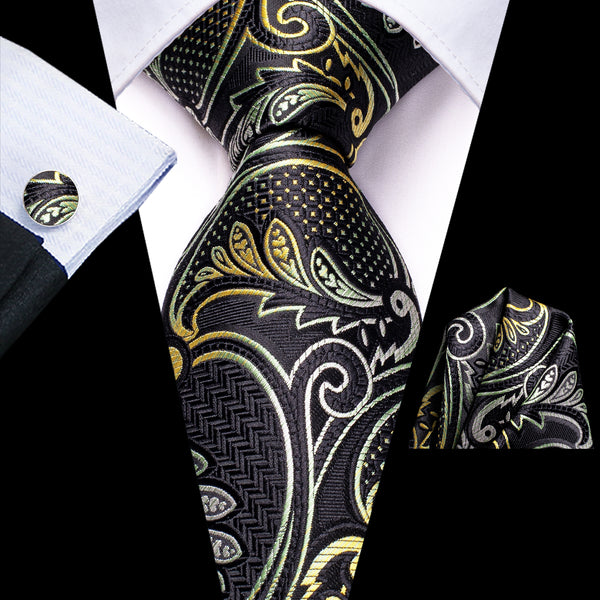Black Yellow Gradient Paisley Men's Tie Handkerchief Cufflinks Set