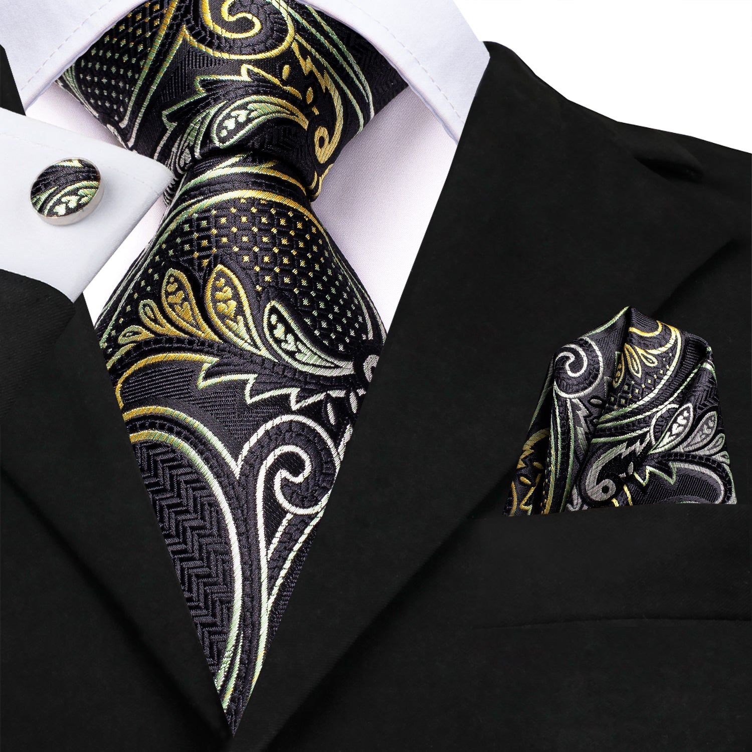 Black Yellow Gradient Paisley Men's Tie Handkerchief Cufflinks Set ...