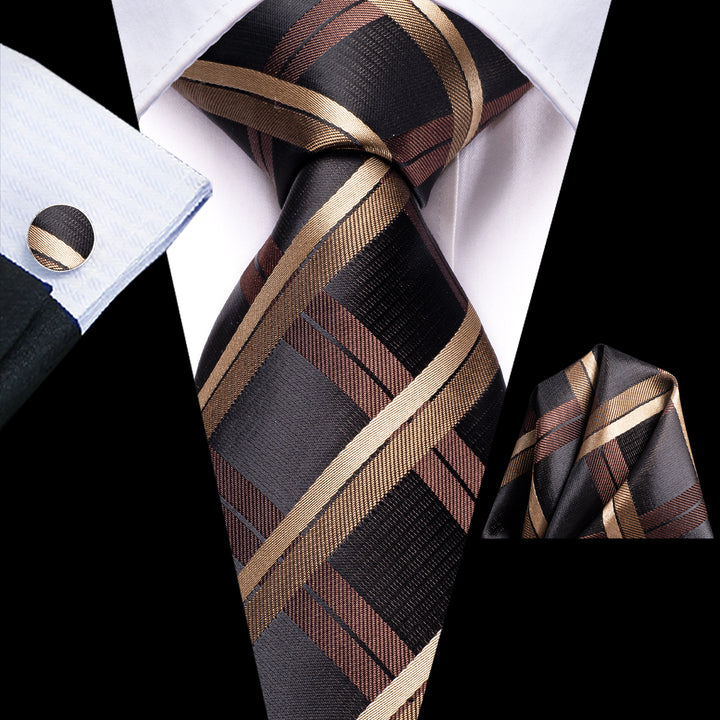 Black Brown Plaid Men's Tie Handkerchief Cufflinks Set