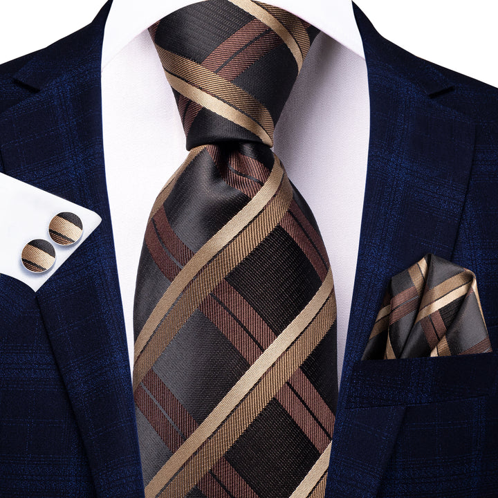 Black Brown Plaid Men's Tie Handkerchief Cufflinks Set