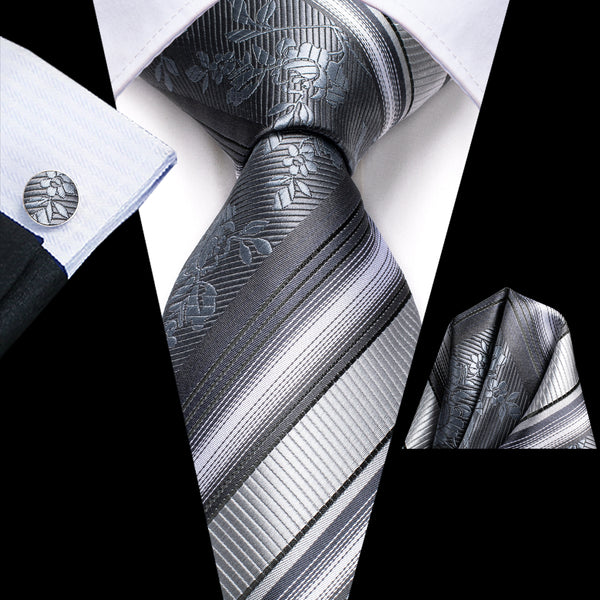 White Grey Striped Men's Tie Handkerchief Cufflinks Set