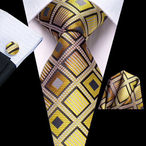 Golden Brown Gradient Plaid Men's Tie Handkerchief Cufflinks Set