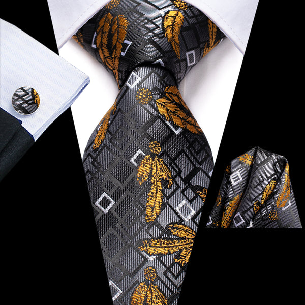 Grey Yellow Novelty Men's Tie Handkerchief Cufflinks Set