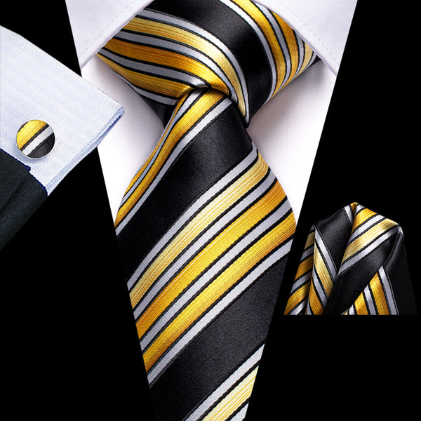 Black Golden Striped Men's Tie Handkerchief Cufflinks Set