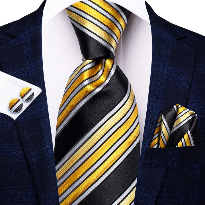 Black Golden Striped Men's Tie Handkerchief Cufflinks Set – ties2you