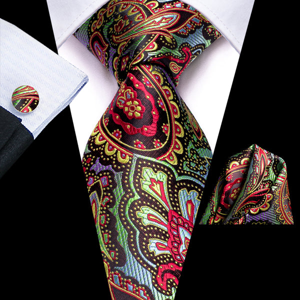 Red Green Gradient Paisley Men's Tie Handkerchief Cufflinks Set