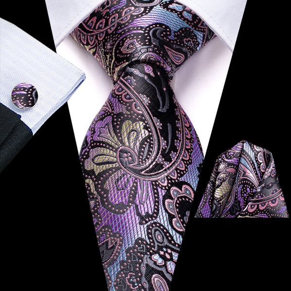 Purple Gradient Paisley Men's Tie Handkerchief Cufflinks Set