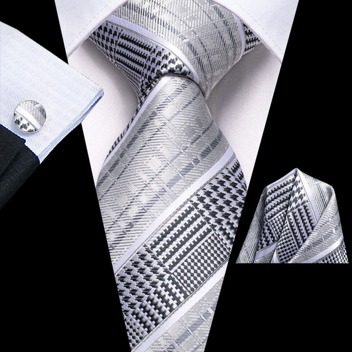 sliver grey striped mens silk tie pocket square cufflinks set