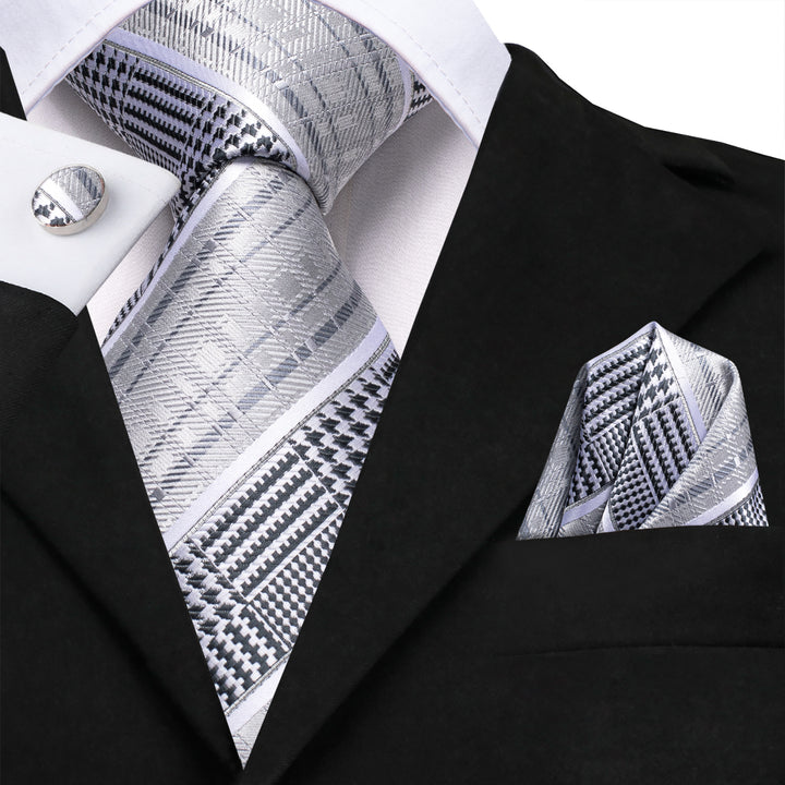 sliver grey striped mens silk tie pocket square cufflinks set