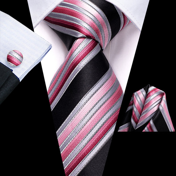 Black Pink Striped Men's Tie Handkerchief Cufflinks Set
