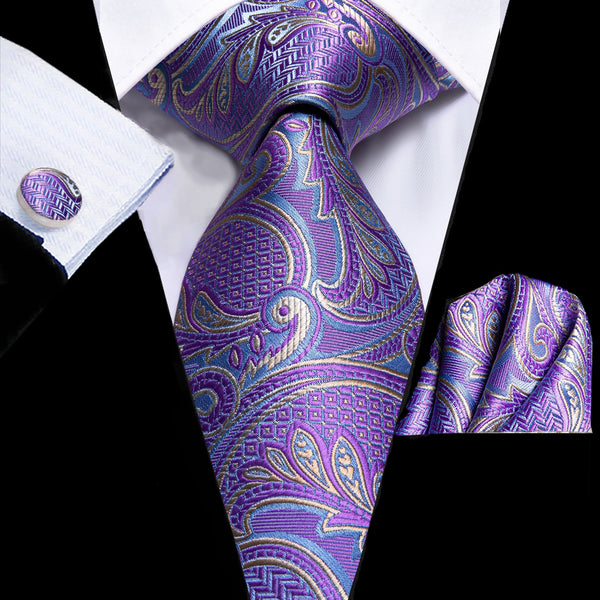 Lavender Purple Paisley Silk 63 Inches Extra long Men's Tie Pocket Square Cufflinks Set