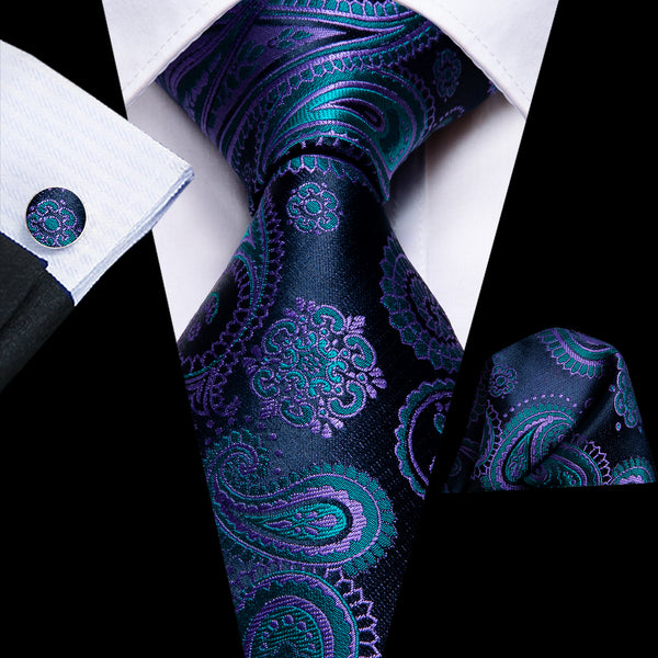 Blue Purple Paisley Silk 63 Inches Extra Long Men's Tie Pocket Square Cufflinks Set