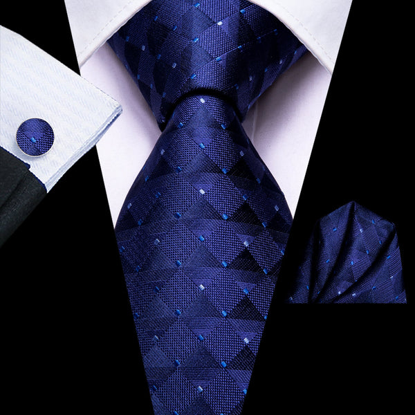 Royal Blue Plaid Silk Necktie Pocket Square Cufflinks Set