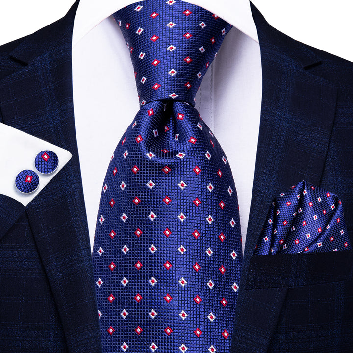 Navy Blue Red-White Plaid Men's Necktie Pocket Square Cufflinks Set ...