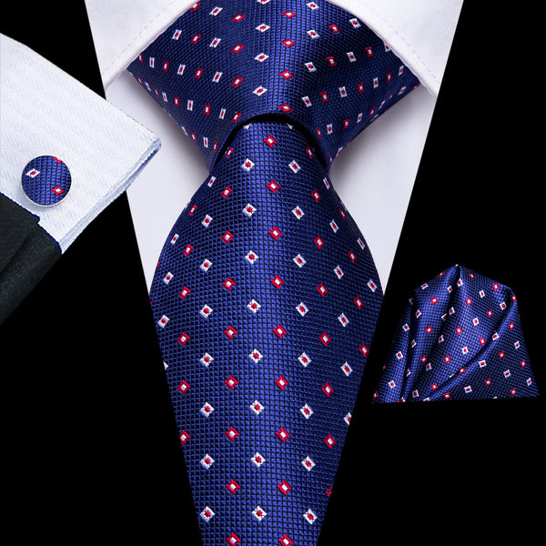 Navy Blue Red-White Plaid Men's Necktie Pocket Square Cufflinks Set