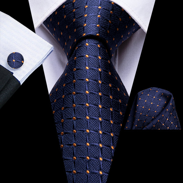 Deep Blue Plaid Golden Point Men's Necktie Pocket Square Cufflinks Set